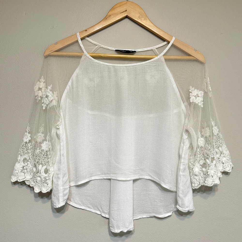 KOAJ‎ Lace Crochet Crop Blouse Womens M Ivory Bell Sleeve Sheer Boho Festival